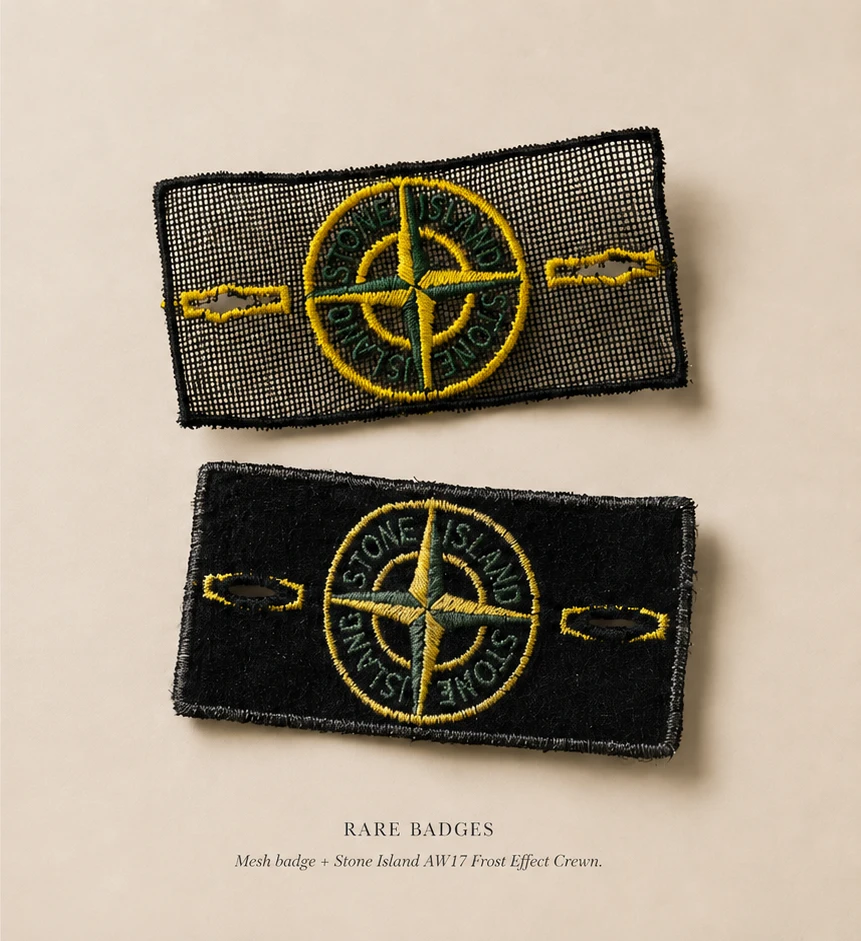 Rare Stone Island badges: mesh badge and AW17 Frost Effect Crewn badge